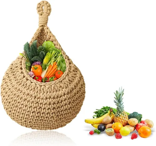 Miniatura 8 de Cesta colgante de frutas para cocina, cesta de frutas para colgar en la pared, cesta de frutas y verduras tejida a mano, cesta colgante de yute