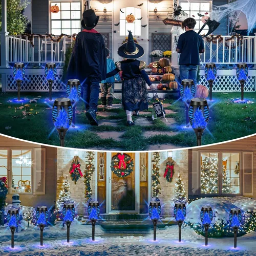 Miniatura 6 de Paquete de 4 antorchas solares impermeables para exteriores, llama parpadeante azul, luces solares de jardín para patio, antorchas Tiki