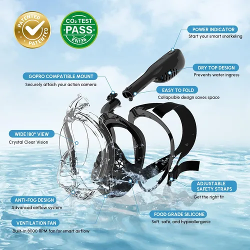Miniatura 5 de Yosmer Electric Full Face Snorkel Mask for Adults, Fan-Assisted Snorkeling Mask with Dry Top System, 180° Panoramic View, Anti-Fog Design, Foldable