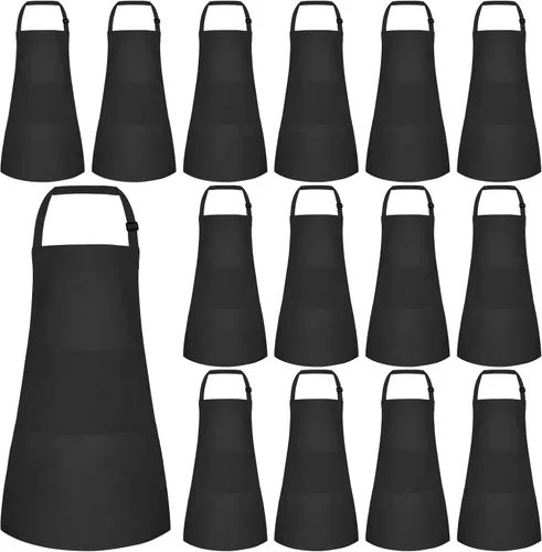 Juego de 15 delantales para niños, delantal ajustable para niños con 2 bolsillos, delantal de chef para niños para pintar, cocinar, hornear, Negro