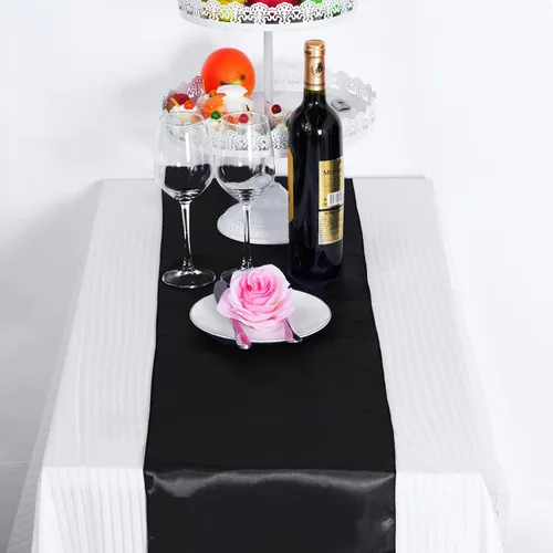 Miniatura 7 de Paquete de 12 caminos de mesa de satén de 12 x 108 pulgadas de largo para Navidad, fiestas de cumpleaños, banquetes, graduaciones, compromisos Negro