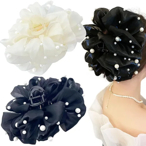 Jaczora 2 pinzas para el pelo de seda de gasa, pinza grande de perlas con lazos, accesorios para el cabello para mujeres y niñas