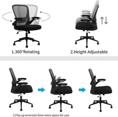 Miniatura 6 de Silla ergonómica de oficina con respaldo medio, silla de computadora de malla con soporte lumbar y reposabrazos abatibles, silla giratoria de altura