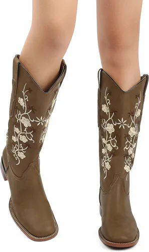 Miniatura 4 de SO SIMPOK Botas vaqueras bordadas con flores para mujer, botas vaqueras retro, botas occidentales, botas de media pantorrilla