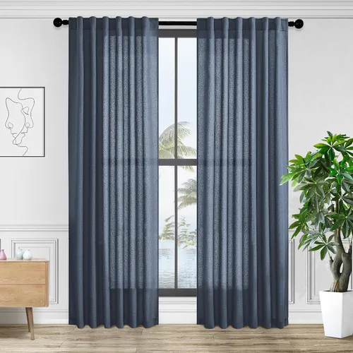 Cortinas con pestaña trasera de 84 pulgadas de largo, mezcla de lino, juego de 2 paneles, cortinas azul oscuro extra anchas para patio, pasillo,