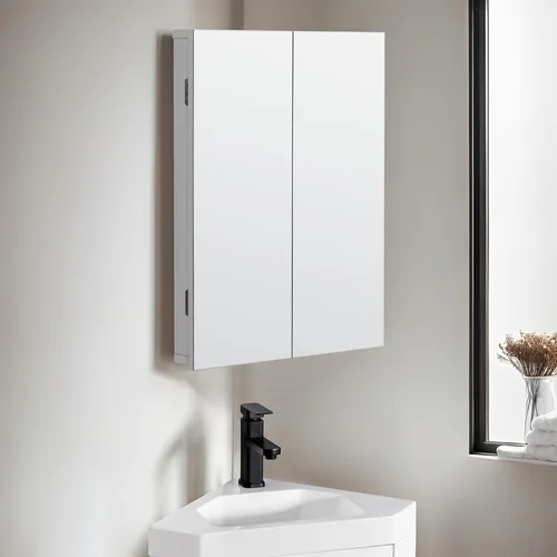 Miniatura 11 de eclife Armario de medicina de esquina de baño de 24 pulgadas con espejo, gabinete de espejo de pared negro de una sola puerta, gabinete