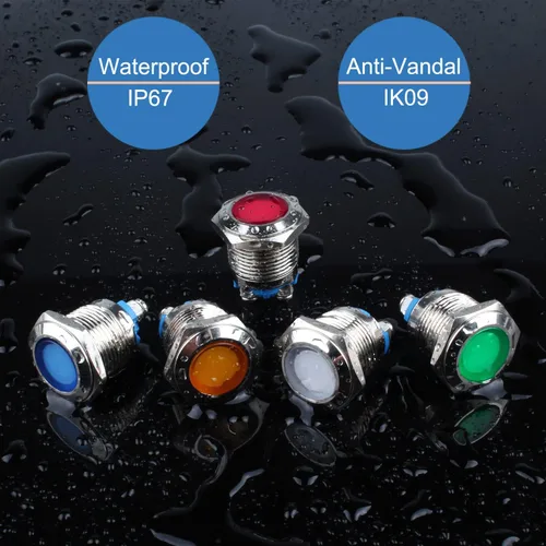 Miniatura 4 de 5pcs 0.472 in 12V-24V 15mA indicador LED de ahorro de energía impermeable IP67 luz de señal de metal piloto Dash lámpara de 0.47 pulgadas agujero