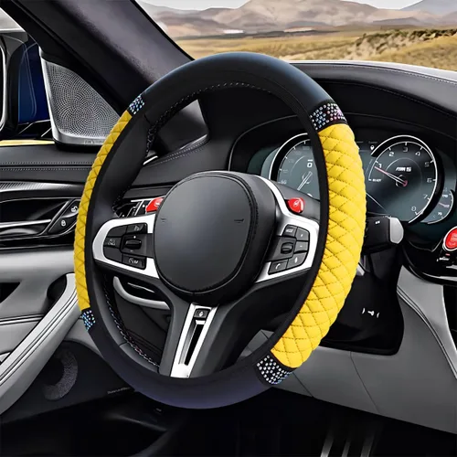 Miniatura 7 de ZIMISI Funda de volante de cuero suave con diamantes brillantes, protector de volante antideslizante de 15" con cristales brillantes para automóvil
