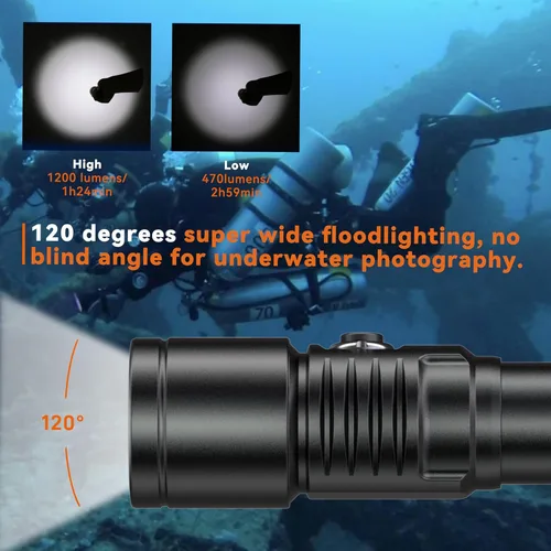 Miniatura 2 de ORCATORCH D530V 1200 lúmenes de luz de video subacuática, linterna de buceo de haz súper ancho de 120°, 2 modos con rótula ZJ18, IP68 impermeable
