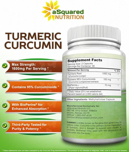 Miniatura 5 de aSquared Nutrition Curcumina de cúrcuma de 1600 mg con extracto de pimienta negra BioPerine - 180 cápsulas con 95% curcuminoides, suplementos