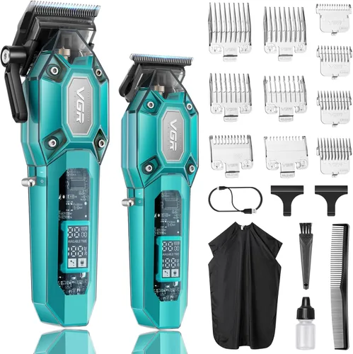 VGR Cortadora de pelo profesional para hombres, juego de cortapelos y recortadoras inalámbricas, kit de corte de pelo para hombre con 10 peines Verde