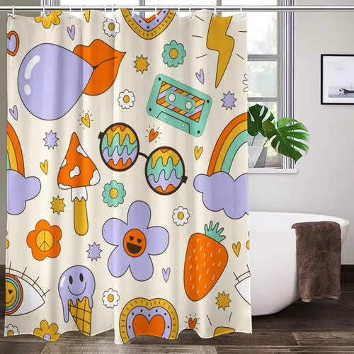 Lovetar Juego de cortinas de baño de tela impermeable con 12 ganchos, 72 x 72 pulgadas, diseño de flores retro retro vintage de los años 70, 80 y 90