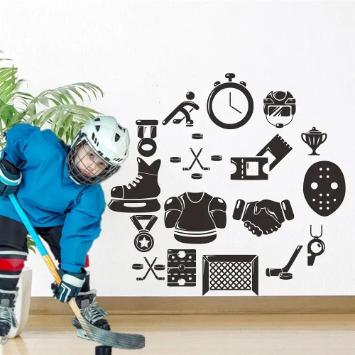 Miniatura 3 de Calcomanía de pared de hockey sobre hielo, adhesivo de PVC extraíble con jugador de hockey y cronómetro, arte de pared de vinilo para amantes