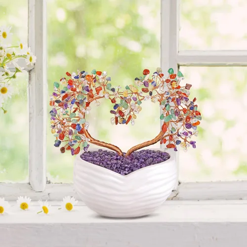 Miniatura 4 de GEHECRST Árbol de cristal de curación de 7 chakras en forma de corazón, cristal de piedra preciosa, bonsái del árbol del dinero, ornamento