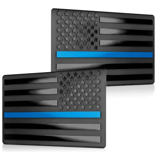 Calcomanía de bandera estadounidense negra 3D para automóvil con línea azul, aluminio en relieve, 1 par de metal cepillado negro mate de 5 x 3