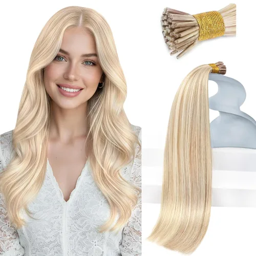 Sunny Hair I Tips - Extensiones de cabello humano real, rubio ceniza con rubio platino, extensiones de cabello humano con punta en I de 20 pulgadas,