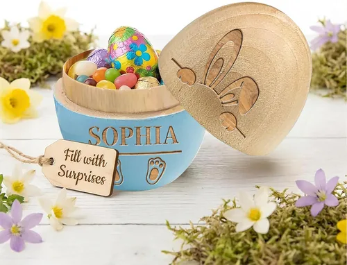 Miniatura 9 de Huevo de Pascua personalizado con nombre grabado, huevo de madera de Pascua personalizado 2026 grabado con texto gratis para niño y niña Azul y rosa