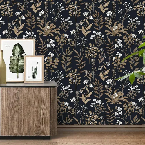 Miniatura 8 de Abyssaly Papel Tapiz Negro y Dorado Papel Tapiz Floral Oscuro Despegar y Pegar Papel Tapiz Vintage de Hojas Papel de Contacto Removible Autoadhesivo