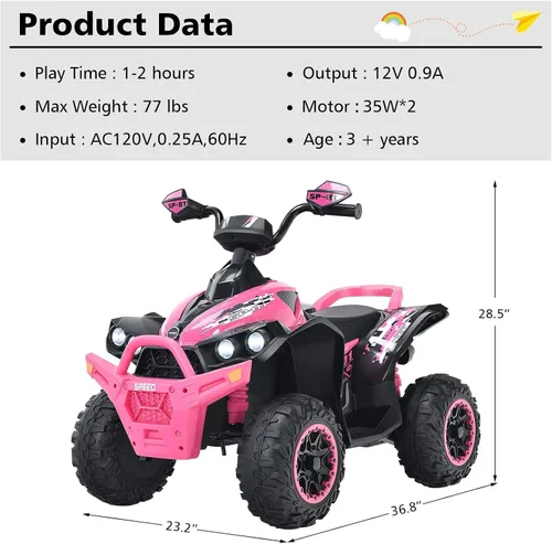 Miniatura 7 de INFANS vehículo de juguete para paseo, ATV eléctrico de 12V con 4 ruedas, vehículo con música, claxon, velocidades alta y baja, luces LED, juguete