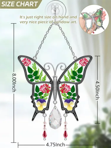 Miniatura 5 de KY&BOSAM Atrapasoles de cristal con diseño de mariposa para colgar ventanas, chaim de viento con flor preservada y dije de corazón de metal, regalo