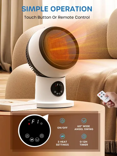Miniatura 6 de ECOWELL Combo de calentador y ventilador moderno compacto de 15 pulgadas, calentadores de espacio de cerámica PTC de 1500 W para uso en interiores