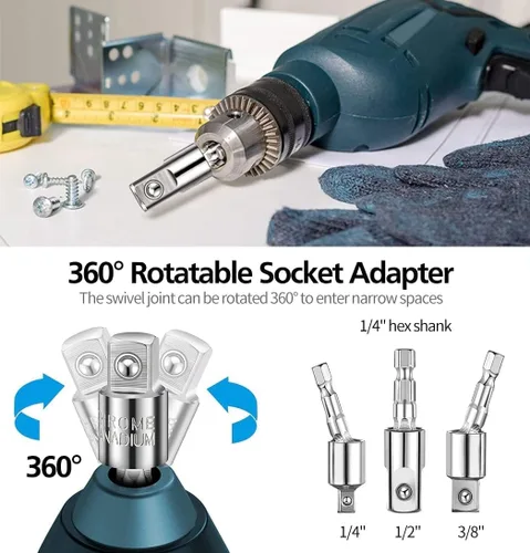 Miniatura 5 de Juego de 32 piezas de extensión de broca flexible, adaptador de enchufe hexagonal de 1/4 3/8 1/2 pulgadas con junta giratoria, accesorio de taladro