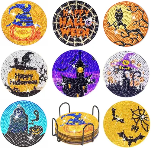 Miniatura 16 de FOWSEEK Posavasos de Pintura de Diamantes, 8 PCS Posavasos de Arte de Diamante de Gato con Soporte, Lindos Kits de Pintura de Diamantes para Adultos
