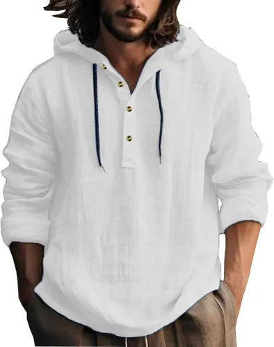 Miniatura 9 de Camisas de algodón y lino para hombre, estilo retro, hippie, guayabera, con capucha, manga larga, cuello en V, con botones, sudaderas con capucha