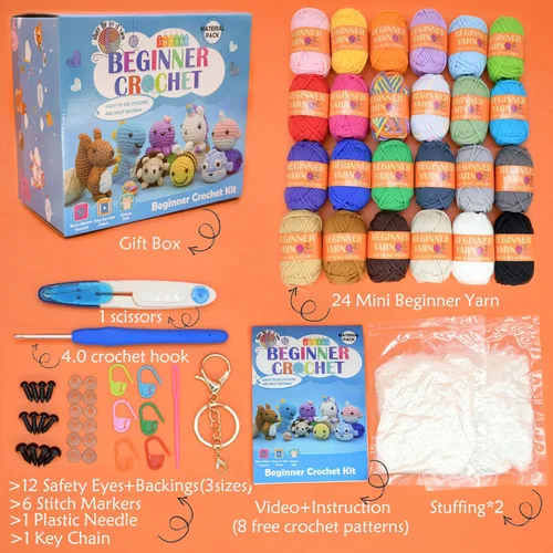 Miniatura 2 de Paquete de 24 hilos de ganchillo para principiantes, color azul, verde, rosa, morado, amarillo, arco iris, algodón fácil de ganchillo para tejer, 24