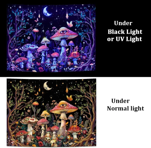 Miniatura 6 de Generleo Tapiz de hongos con luz negra, tapiz floral de plantas hippie reactivas a los rayos UV, tapices de luna de árbol malvado de ojo, decoración