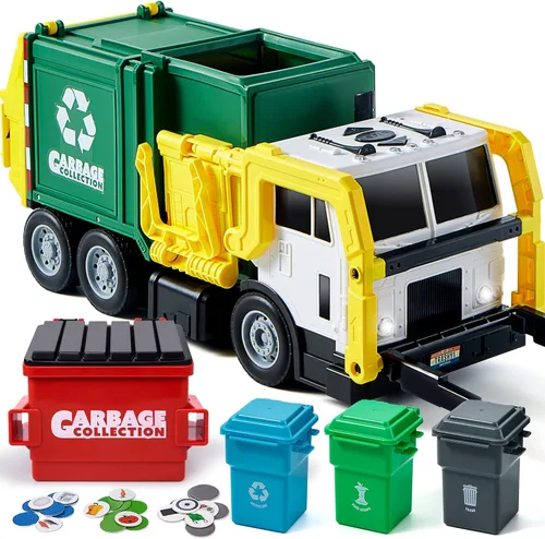 Miniatura 9 de JOYIN Juego de juguetes de camión de basura de fricción grande, incluye 1 contenedor, 3 cubos de basura y 30 tarjetas de aprendizaje para niños, Azul