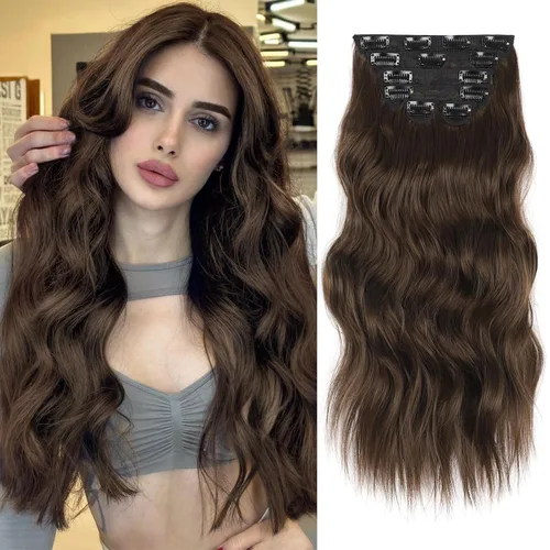 Miniatura 31 de Extensiones de cabello con clip de Vigorous de 20 pulgadas, con reflejos rubio playa, extensiones de cabello ondulado largo y suave de cabello