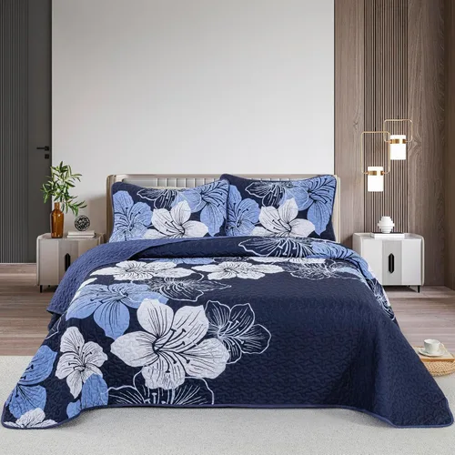 Miniatura 15 de DJY Juego de edredón de 3 piezas, tamaño completo, diseño floral azul, elegante colcha bohemia con 2 fundas de almohada, juego de edredón ligero