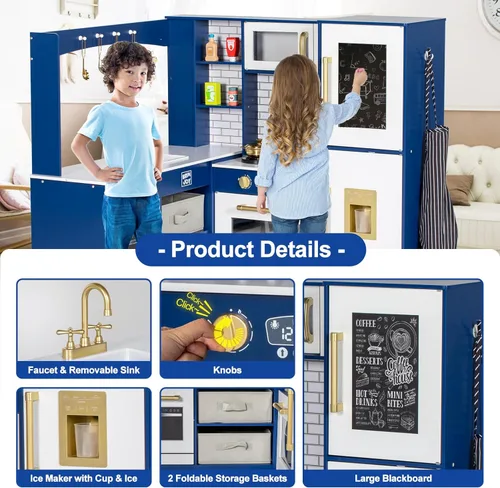 Miniatura 2 de BRINJOY Cocina de Juego de Esquina para Niños, Juego de Cocina de Madera para Niños Pequeños con Grifo, Fregadero, Microondas, Horno, Delantal, Azul