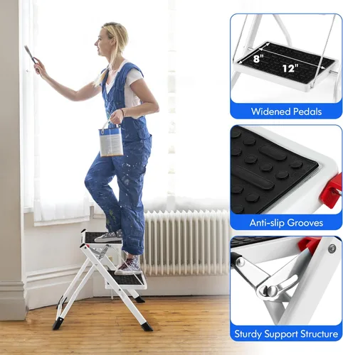 Miniatura 6 de Goplus Escalera de 2 escalones, taburete plegable ligero con pedales antideslizantes, cubiertas antideslizantes para pies, escalera de mano de metal