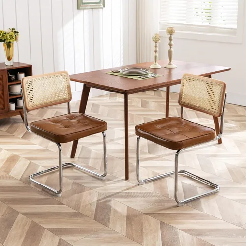 Miniatura 6 de ONEVOG Juego de 2 sillas de comedor de piel sintética, sillas de cocina modernas de mediados de siglo con respaldo de ratán natural y patas de metal