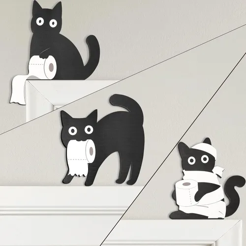 Dripykiaa Divertida decoración de baño de gato negro, 3 piezas de decoración de pared de gato negro de madera, única para los amantes de los gatos,
