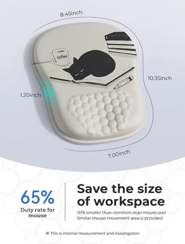 Miniatura 2 de Alfombrilla de mouse ergonómica con bonito diseño de gato negro, para aliviar el dolor del túnel carpiano, área de mouse 65% utilizable, 01 Lindo