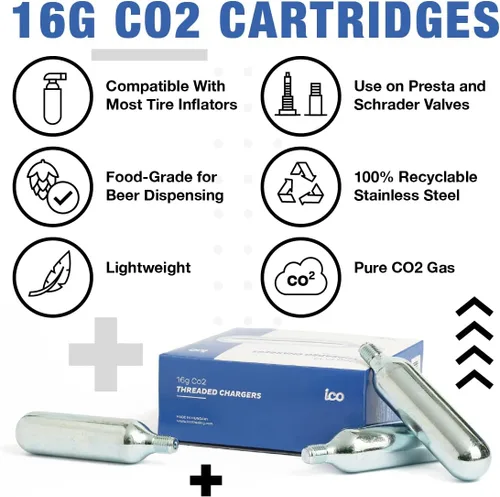 Miniatura 2 de ICO - Cartuchos de CO2 de 0.56 oz (paquete de 30), de mano, acero aleado, grado alimenticio, 100 psi, automático, a prueba de fugas, garantía de dos