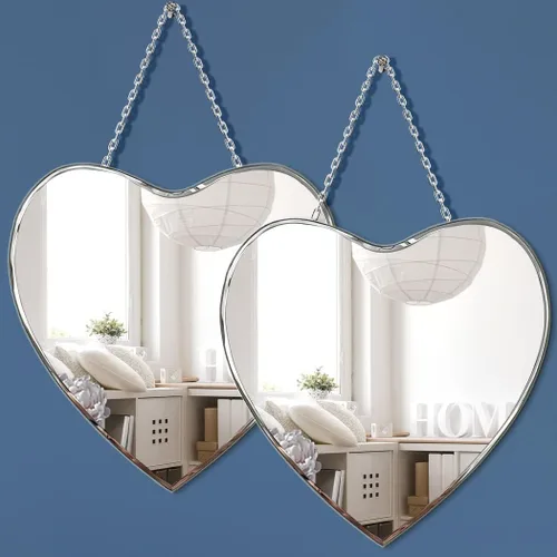 QMDECOR Espejo en forma de corazón con cadena de hierro para decoración de pared de 12 x 12 pulgadas, paquete de 2 unidades para colgar en la pared,