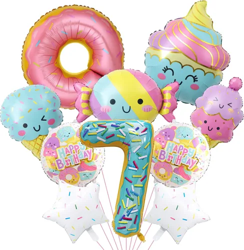 Miniatura 8 de 10 globos de helado, globos de papel de aluminio Mylar con número de dona de caramelo, temática de helado, suministros de fiesta de primer cumpleaños