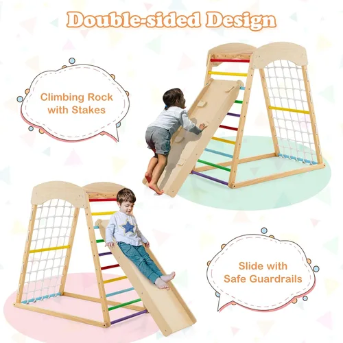 Miniatura 3 de Costzon Gimnasio interior de la selva, juguetes de escalada Montessori 6 en 1 para niños pequeños con tobogán de doble cara, escalada de roca/red