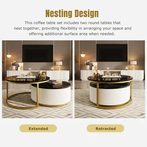 Miniatura 8 de Moderna mesa de centro redonda anidable acanalada con cajón en negro y dorado en 27.6 pulgadas