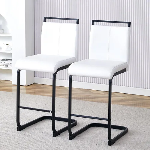 Juego de 2 taburetes de bar de piel sintética con respaldo, sillas altas de encimera con patas de metal pintado en negro, 2 taburetes de bar blancos