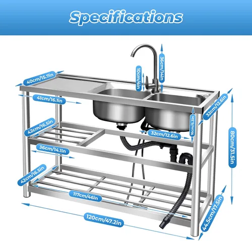 Miniatura 5 de Fregadero de acero inoxidable 304 para preparación y uso general, fregadero al aire libre, fregadero de cocina comercial de doble tazón, 2