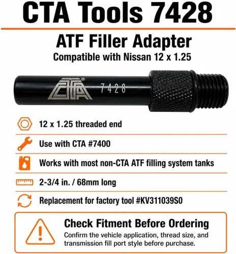 Miniatura 4 de CTA Tools 7428 Adaptador de llenado ATF, compatible con puertos de llenado roscados Nissan de 12 x 1.25, 2-3/4 pulgadas de largo