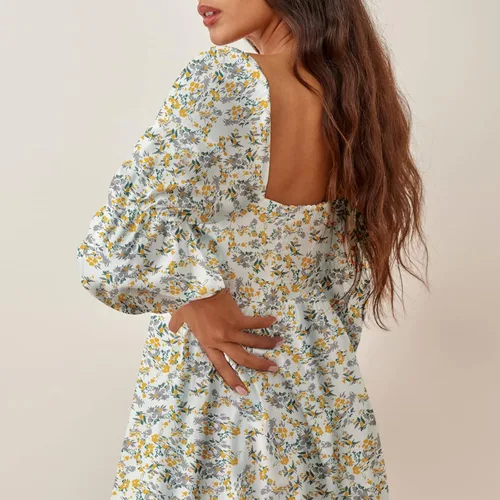 Miniatura 4 de EXLURA - Vestido de cuello cuadrado para mujer con manga larga abombada acampanado casual corto