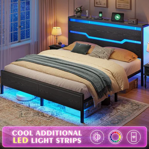 Miniatura 7 de Homkdom - Estructura de cama tamaño matrimonial con luces LED y estación de carga, estructura de cama completa con cabecero de almacenamiento, 13