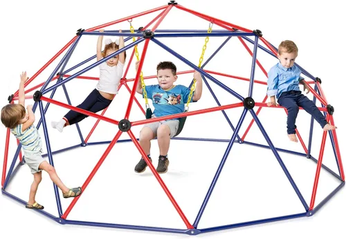Costzon Cúpula de Escalada con Columpio, Gimnasio de Selva de 10 Pies para Niños con Barras de Mono, Juguetes de Escalada para Exteriores, Soporta