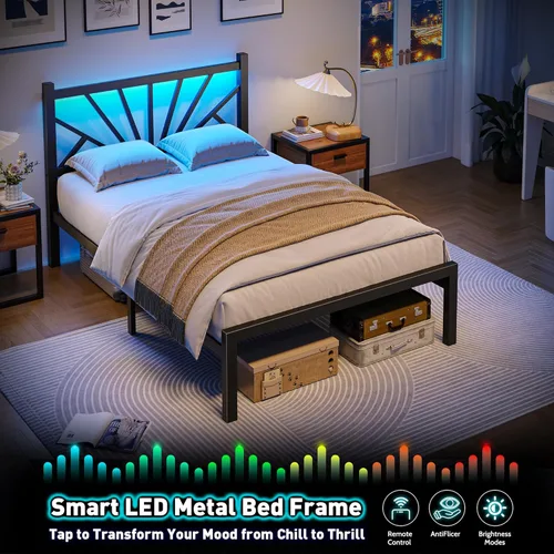 Miniatura 5 de Homkdom Estructuras de Cama Individual de Metal con Luces LED, Estructuras de Cama Individual con Cabecero, Base de Colchón de Servicio Pesado